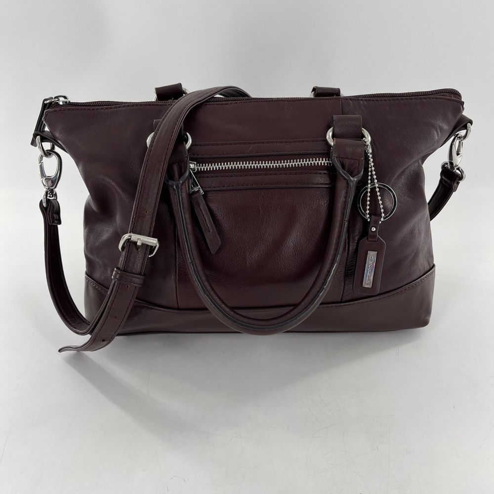 Tignanello Brown Leather Tote Crossbody Medium Satchel & Keyring Detach Strap
